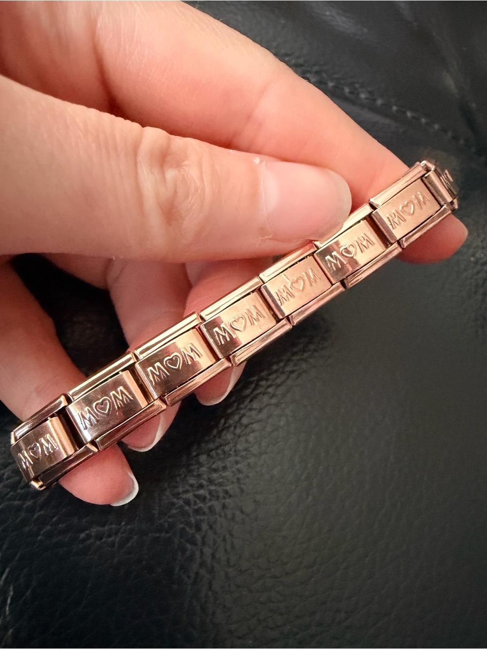 Rose Gold Tone “Mom” Italian Charm Bracelet Stainless Steel Repeating Links